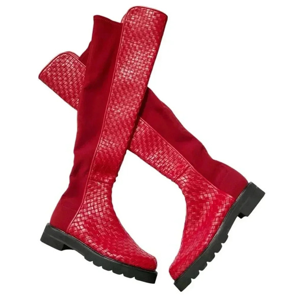 NEW Stuart Weitzman 5050 Lift Woven Over-the-Knee Boots Chile Red Leather size 6 - Picture 2 of 9